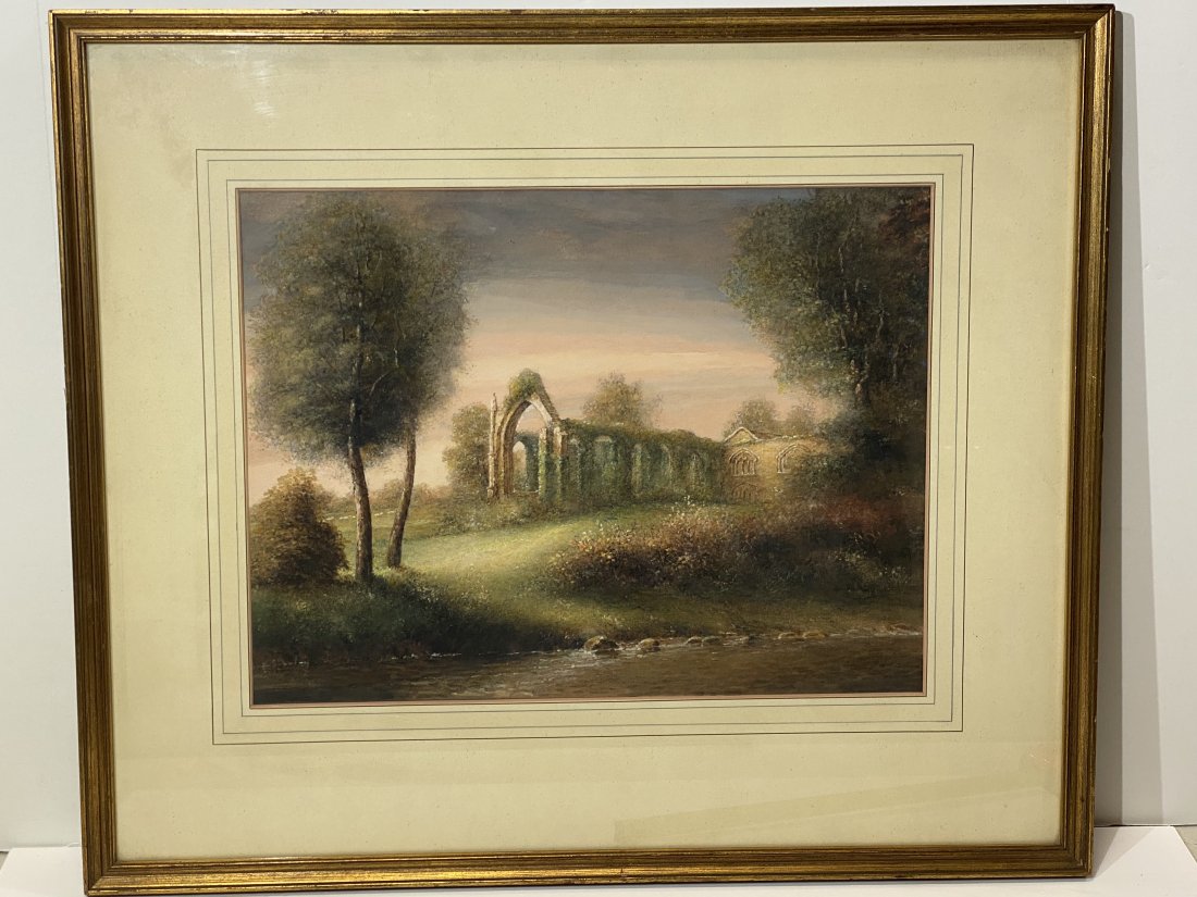 Antique Impressionist watercolor of landscape and Ruins Beautiful (1 of 5)