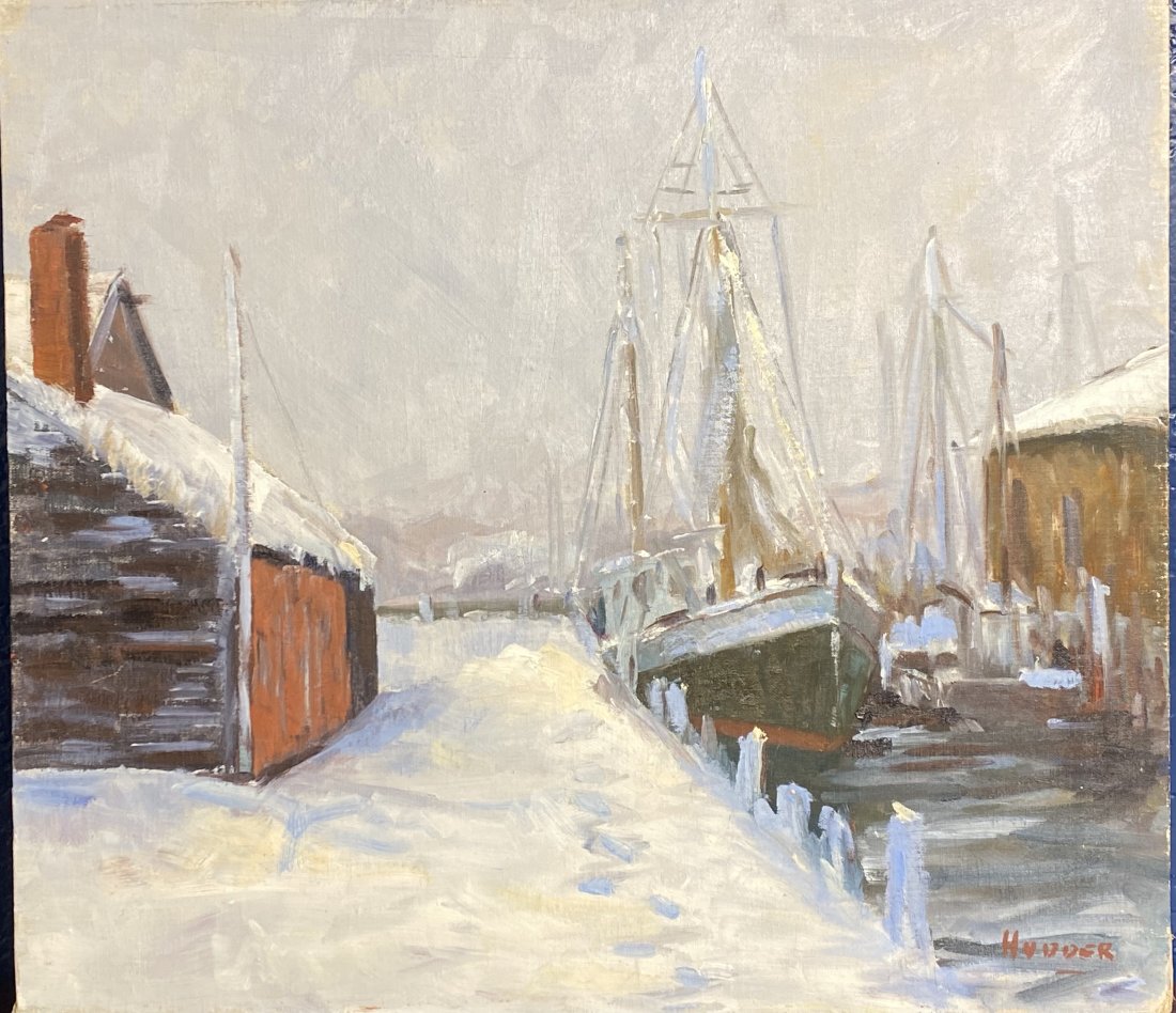 Paul Hudder coastal Snow scene Oil Painting Emil Gruppe Student: Paul Hudder18” x 24”Paul Beaden Hudder 1897-1991A Native of Gloucester, Massachusetts., he was born July 5, 1897, and was a Reno, Nevada resident the last forty three years of his life. Hu