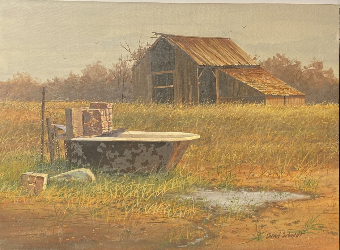 Brad Schmidt Gouache Painting of a barn and a Bathtub: Brad Schmidt Gouache Painting of a barn and a Bathtub..Size is 11” x 15”