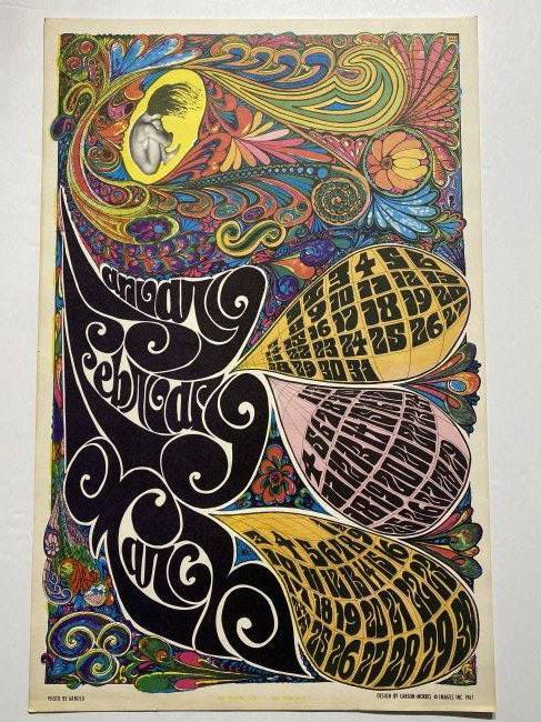 Psychedelic Litho Poster Printed by Tea Lautrec San Francisco Calander January Februrary March 1967 (1 of 9)