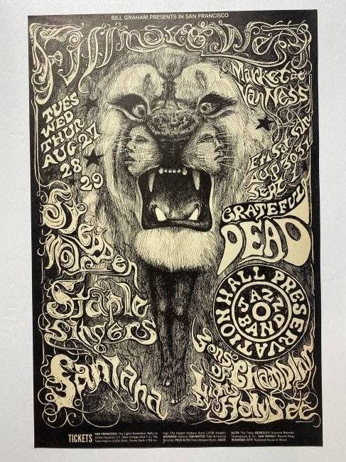 Grateful Dead Santana Bill Graham Presents 1968 Fillmore Poster 1st Ed excellent condition. (1 of 12)
