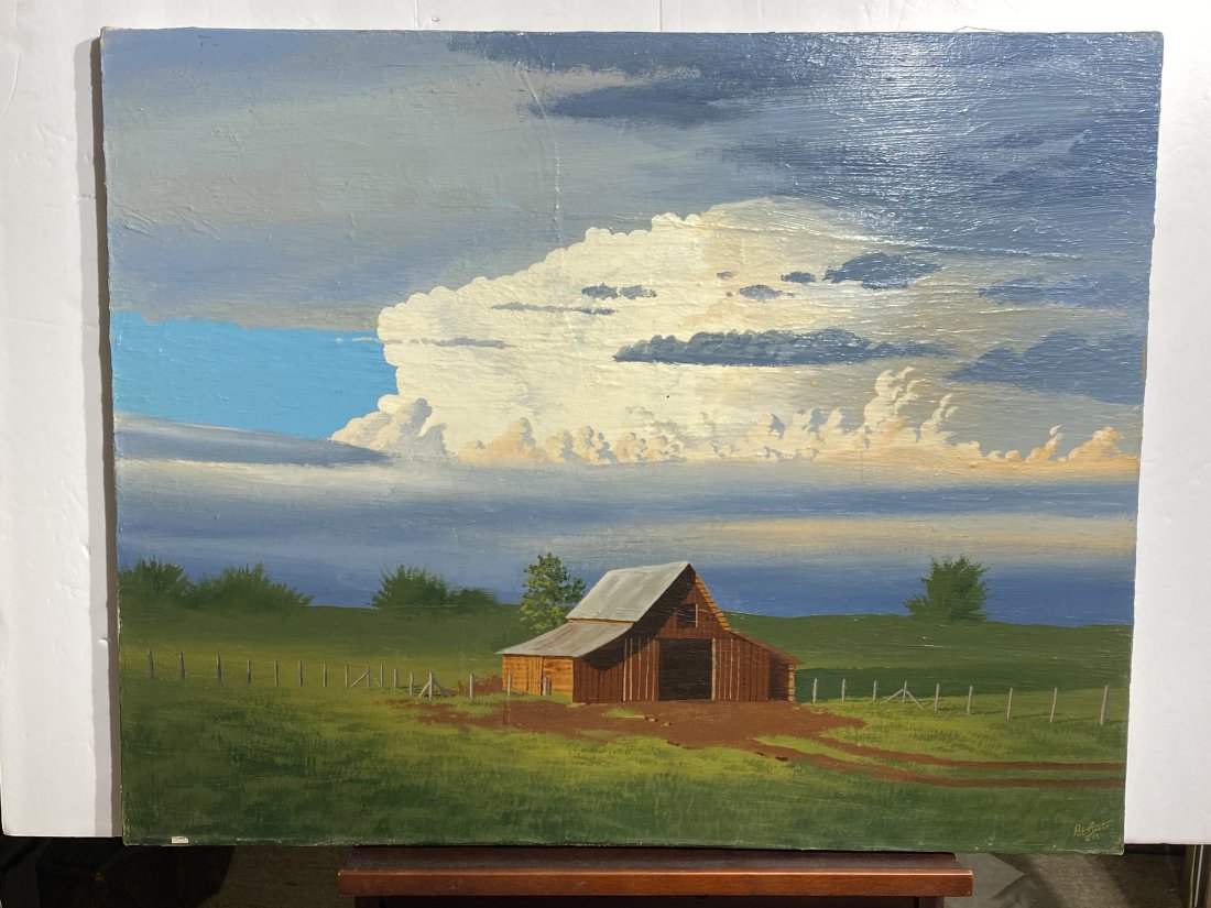 Red barn in a open landscape signed Pat Foster: Red barn in a open landscape signed Pat Foster..24” x 30”