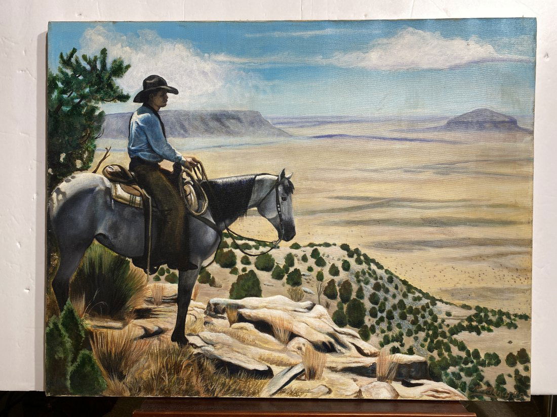 Cowboy on a horse oil painting landscape signed 1989 M Muncy (1 of 4)