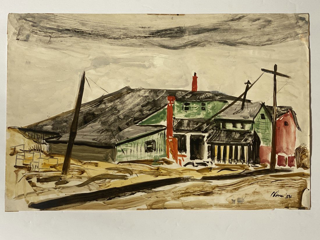 Harold Cohn (1908 - 1982) Modernist Watercolor dated 1954 Fishery seaside New Jersey (1 of 4)