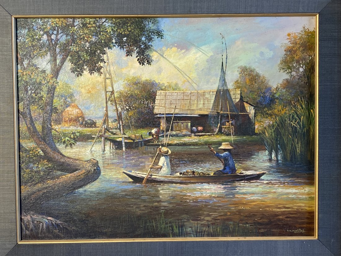V N Montri vintage oil Painting of Cambodia or Thailand Well done..: V N Montri vintage oil Painting of Cambodian or Thailand? Well done..18 1/2” x 25”..With frame 28” x 35”