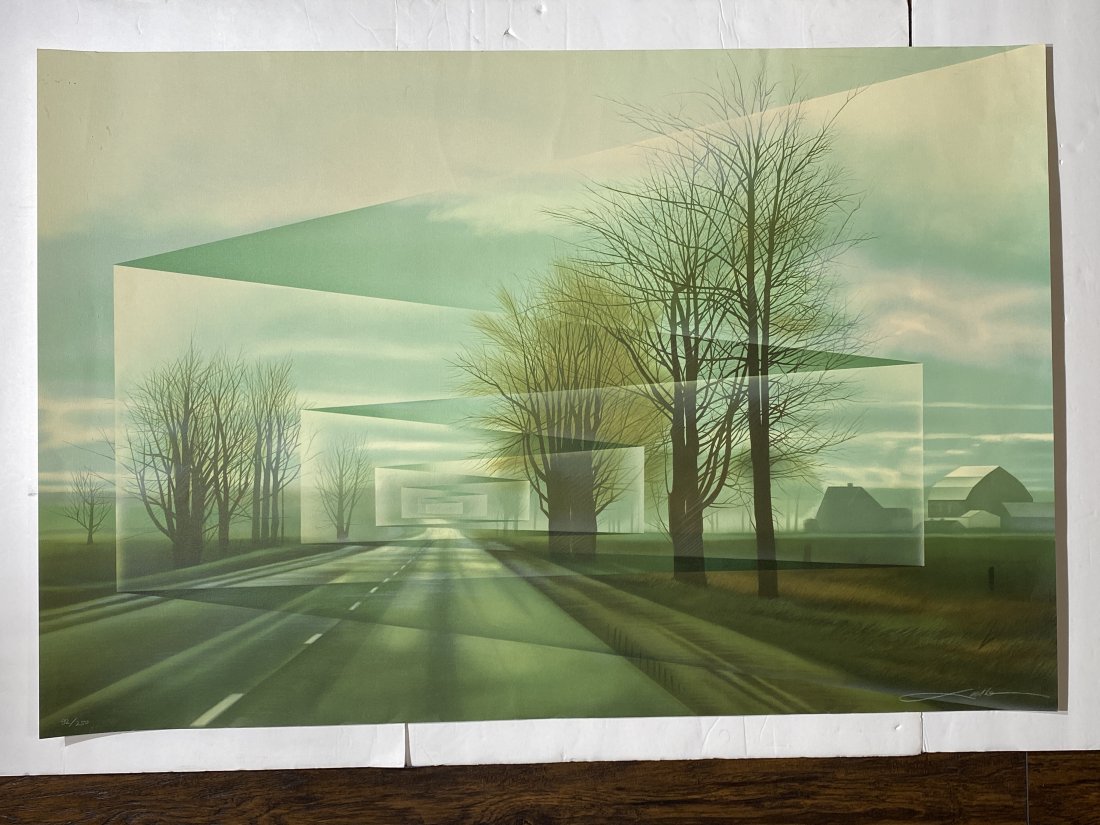Frank Licsko ROADS Signed Lithograph, Modern Landscape, Country Road, Trees, Farmhouse (1 of 4)