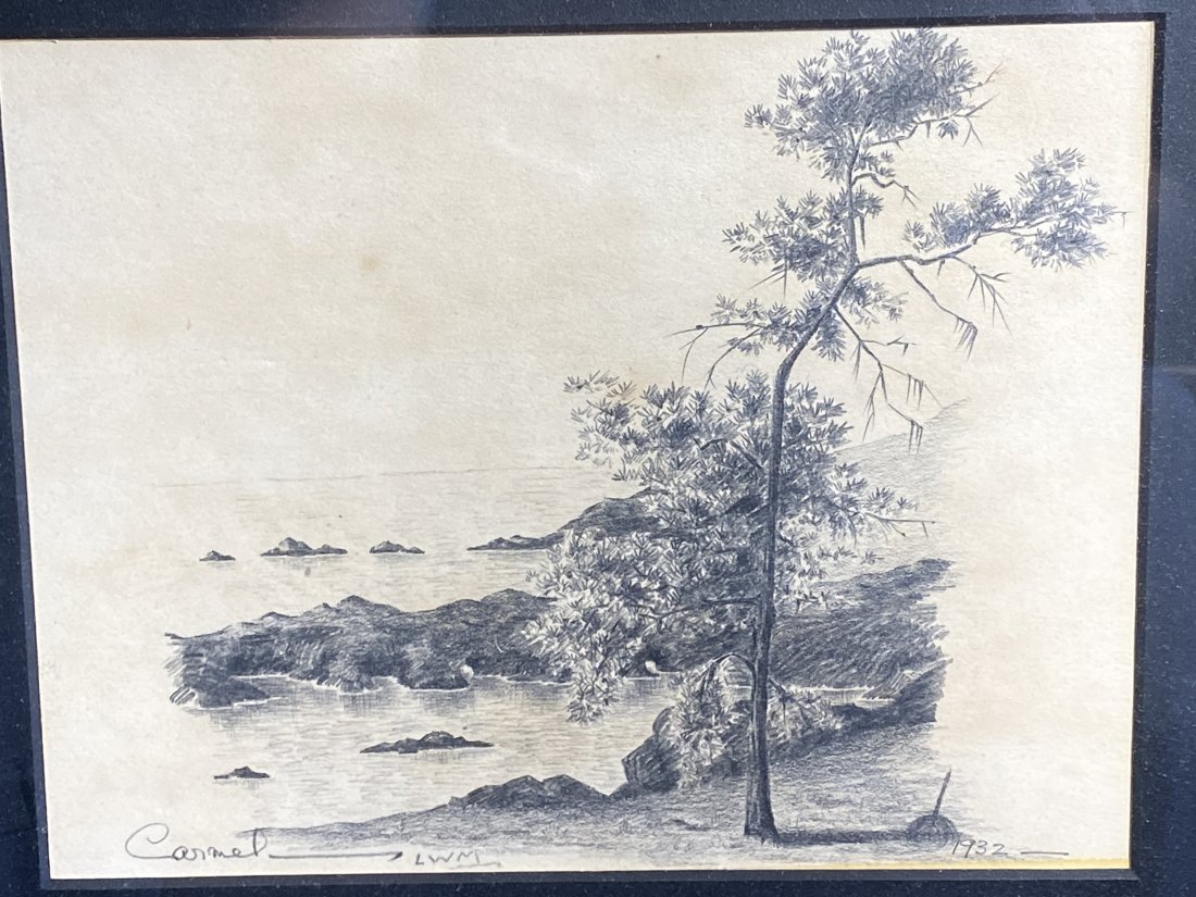 Detailed pencil drawing signed LWM Carmel 1932 Laura Watson Maxwell: Detailed pencil drawing signed LWM Carmel 1932..Carmel Point..Image size 7” x 9”