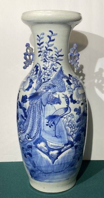 Large Chinese Blue and White Porcelain Vase with Bird Decorations: Large Chinese Blue and White Porcelain Vase with Bird Decorations..23” Tall x 10” wide..