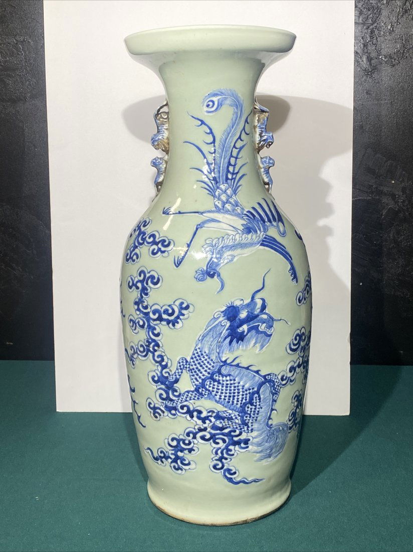 Chinese Vase large porcelain blue and white celadon: Chinese Vase… 23 1/2” tall x 10” wide..One small glaze crack.. see pics