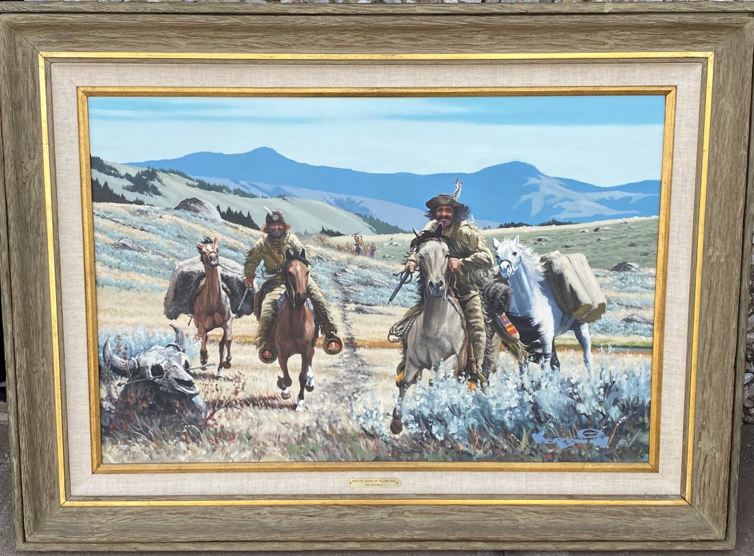 Roy J W Kerswill (1925 - 2002) Oil Painting on Canvas Titled Into the Safety of Yellowstone: Roy J W Kerswill (1925 - 2002) Oil Painting on Canvas Titled: Into the Safety of Yellowstone.. Canvas size is 24” x 36”.. With frame 34” x 46”...Provenance:Sold For 2600.00 in 