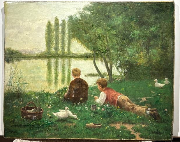 Armand De Beul (1874 - 1953) Oil Painting Of Children By Pond (1 of 4)