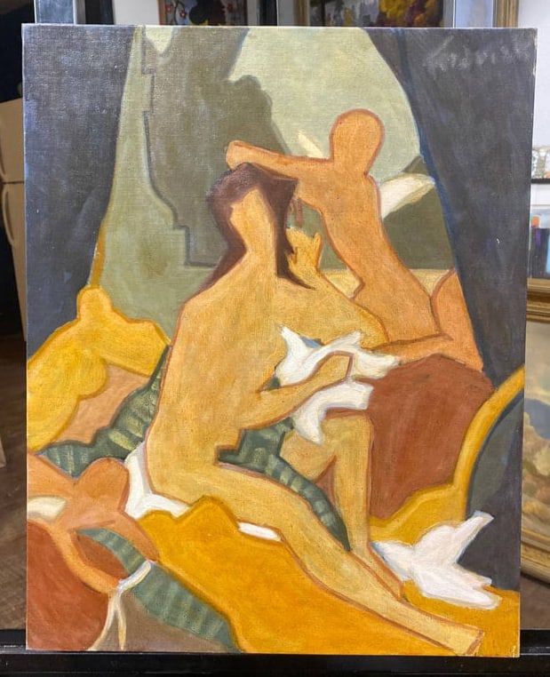 Mid century Modernist Cubist figures oil painting signed illegibly (1 of 3)