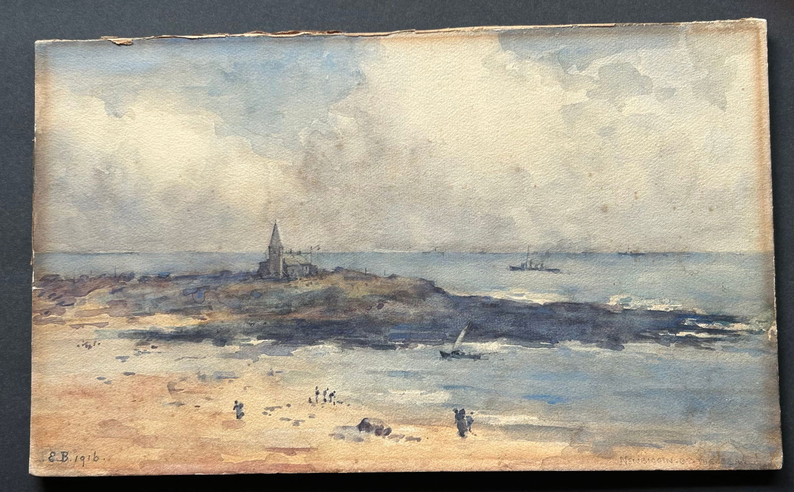 Antique coastal watercolor Painting Signed R. B. 1916: Maynard Dixon Style oil Painting of Native American..9” x 16”..