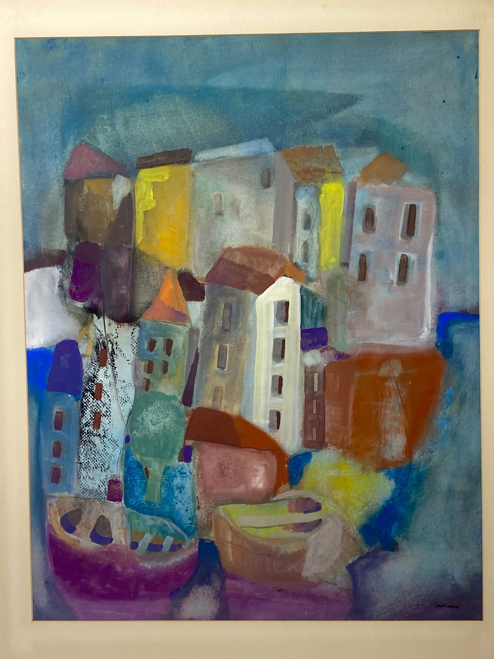 Milena Moriani Large Modernist Watercolor painting of cityscape Signed (1 of 3)