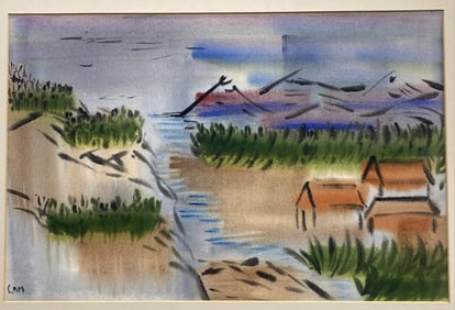 Great Modernist Mid Century Landscape Coastal Watercolor Painting Signed Lam