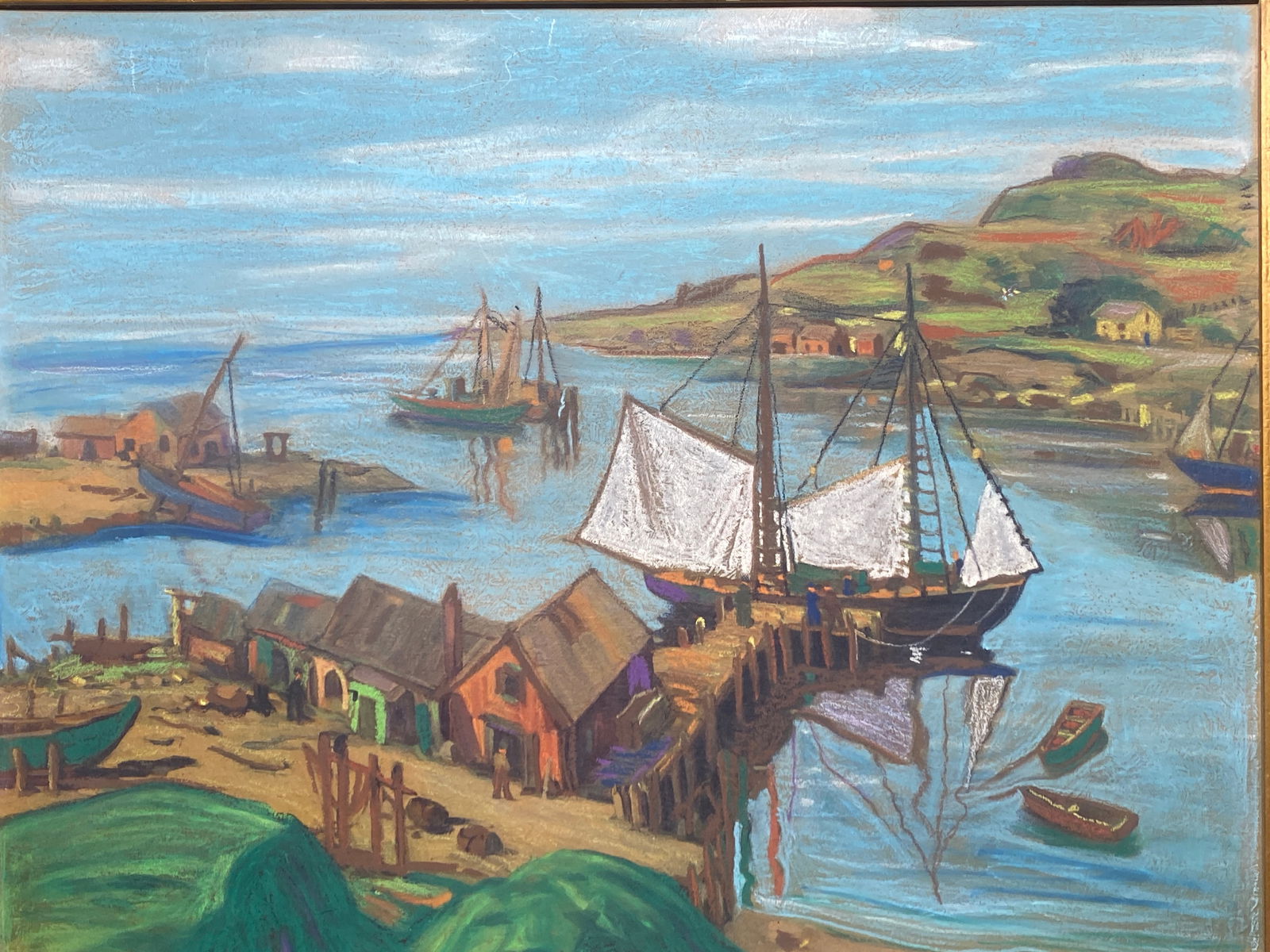 Modernist harbor scene  painting Harry De Jong ?  Titled Little Harbor (1 of 7)