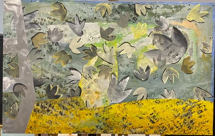 Zigi Ben-Haim (Born 1945) Oil collage painting on aluminum Titled: Twinkle Leaves