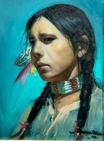 Ramon Rice (1928 - 1985) oil painting beautiful Portrait of Native American girl