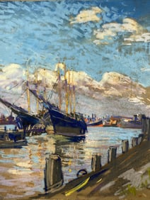 John J. Dull (1859 - 1949) Pastel of a Harbor