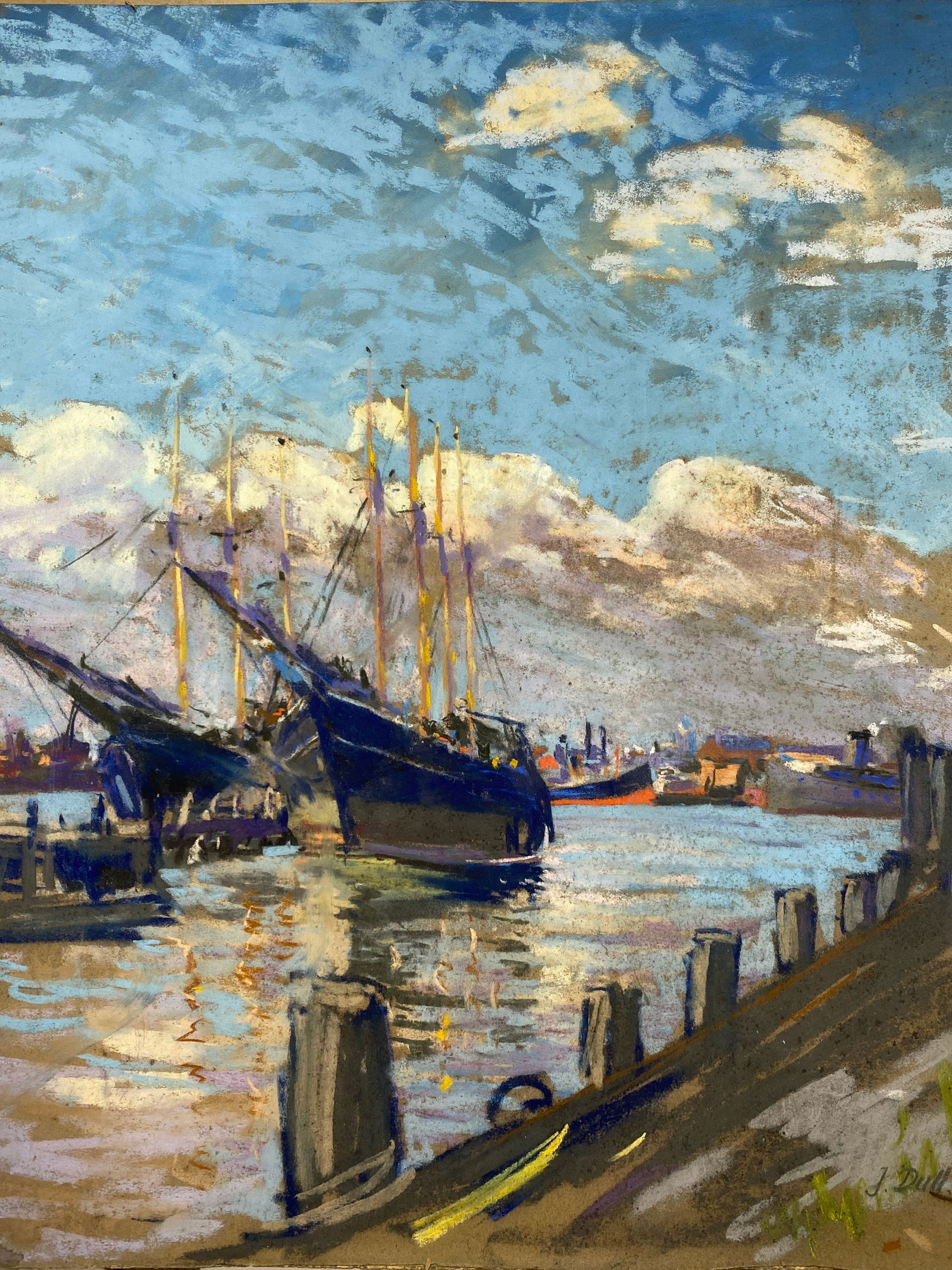 John J. Dull (1859 - 1949) Pastel of a Harbor (1 of 3)
