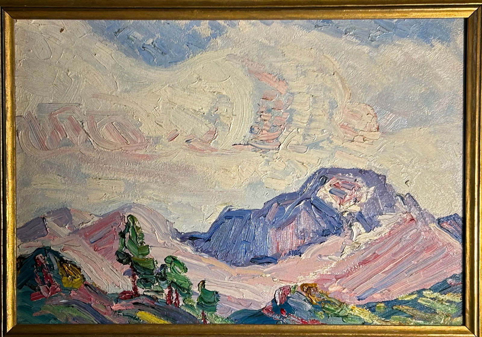 Birger Sandzen school Style of Landscape oil painting circa 1920s or 1930s: Birger Sandzen school, “Style of “Landscape circa 1920s or 1930s.Oil painting on board.. 11” x 16”..Sold as style of Sandzen.