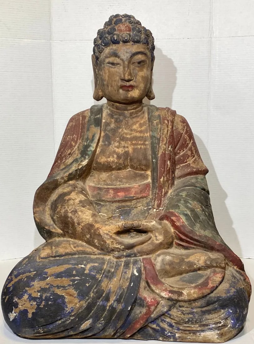 Chinese POLYCHROME WOOD FIGURE OF BUDDHA (1 of 4)