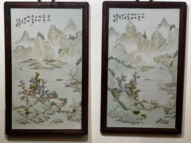 Chinese pair of enameled Porcelain tiles by Jin Pinqing