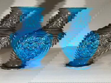 Chinese Pair Of Turquoise Blue Porcelain Cases Beautifully Made Dogs And Fish