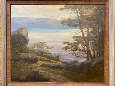 Peter Winthrop Sheffers (1893 - 1949) Large Oil Pianting  	Lake Tahoe Evening near Cal Neva Lodge