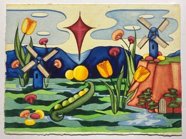 Great Colorful Surrealist watercolor painting signed  MK Wesolek 1976