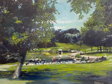 Very nice Oil painting of people in a park illegibly signed 1987