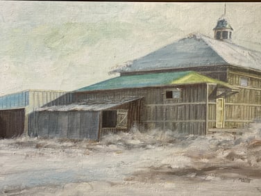 Vintage oil painting of snowy landscape with Barn Signed Malott