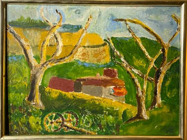 Vintage Modernist Landscape with House oil painting