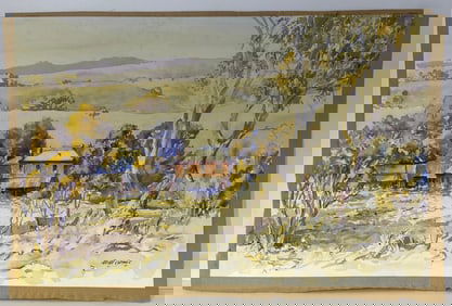 Impressionist Landscape with house Watercolor Painting signed Hugh G ???