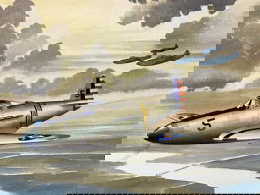 Alfred Owles 1894-1978 Watercolor illustration painting  of Bell Aircraft  Fastest plane