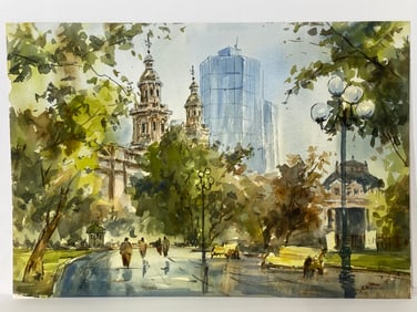Manuel Peralta Watercolor of Park in City