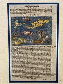 Sebastian Munster page with Woodcut of Islands from 1544 Book Cosmographia