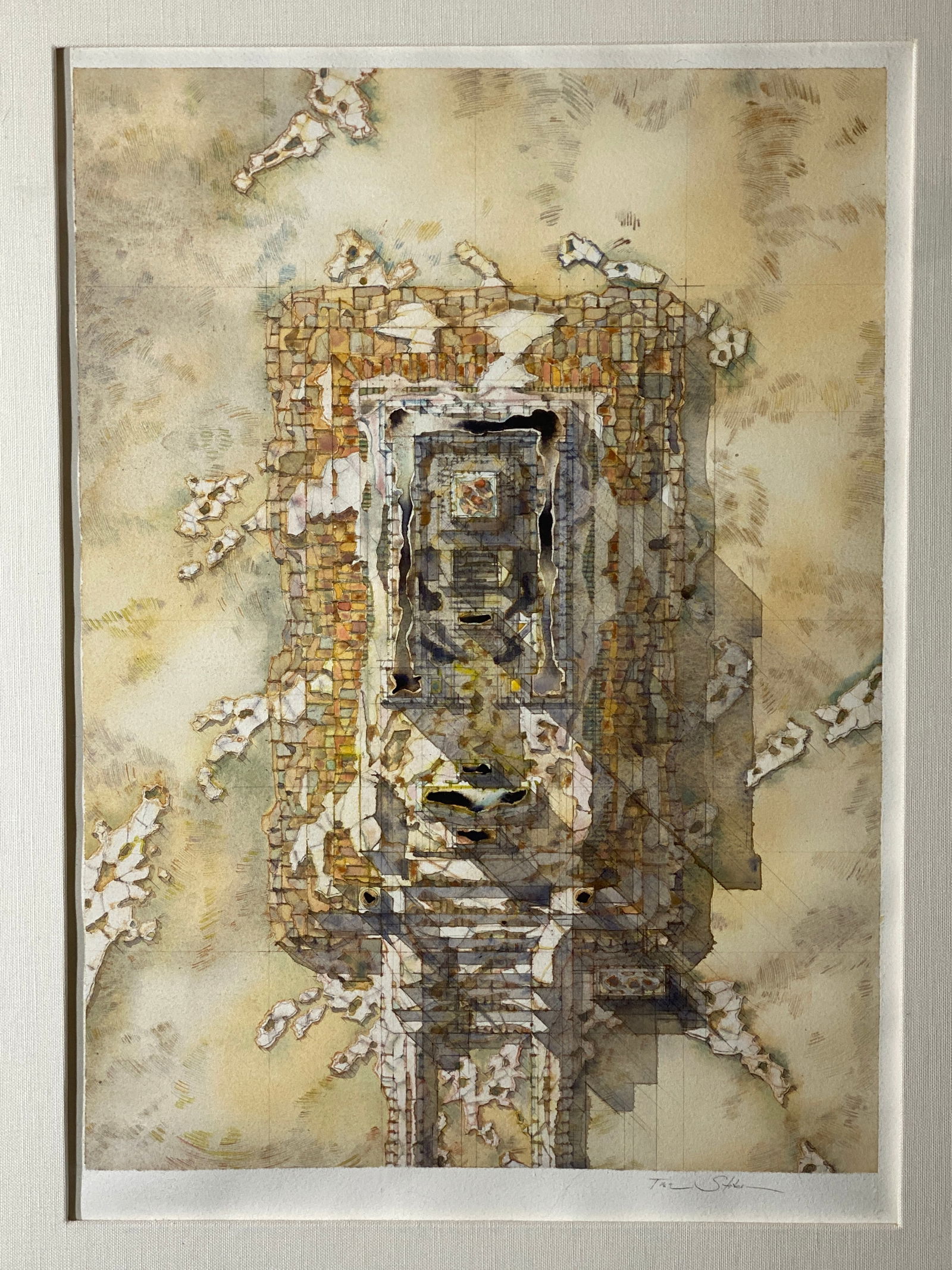 Incredible Abstract Geometric Watercolor painting Signed Illegibly Mystery Artist (1 of 6)