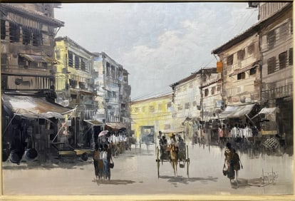 Edgardo Sarmiento Philippine Artist Oil Painting Of Street Scene Signed Dated 71