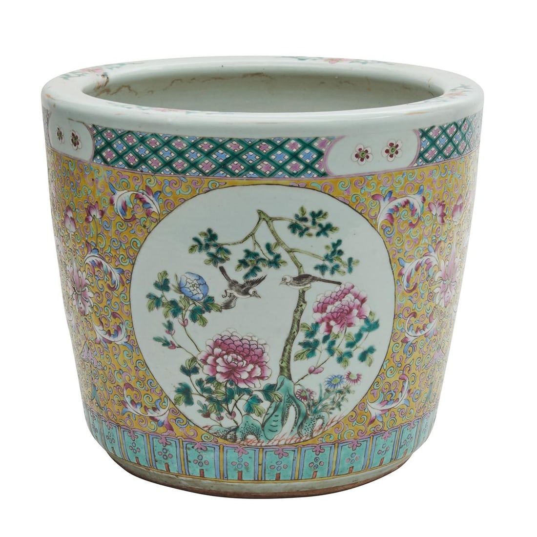 Chinese Yellow Ground Famille Rose Porcelain Jardiniere: Chinese Yellow Ground Famille Rose Porcelain Jardiniere. Heavily potted with straight flaring sides, the exterior elaborately painted in reserved rounded panels of a peony blossoming tree, all reserve