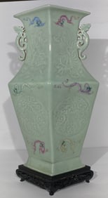 Chinese Porcelain Celadon Glazed Vase with Dragon Motifs Qianlong Mark