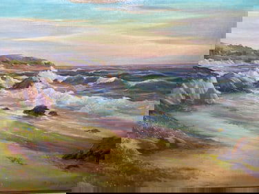 Oliver Glen Barrett (1903 - 1970) California lcoastal titled Pacific Sunset oil painting