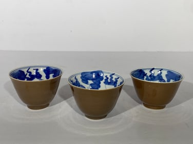 Set of 3 Antique Chinese porcelain Teacups Brown Blue and white glaze