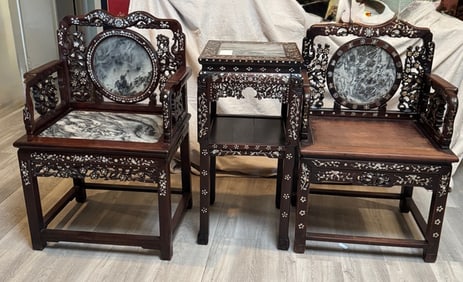 SET OF CHINESE CARVED ROSEWOOD ARMCHAIRS AND TEA TABLE