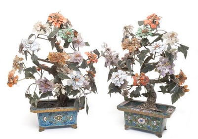 TWO CHINESE HARDSTONE TREES IN CLOISONNE JARDINIERES