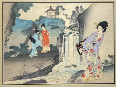 Japanese woodblock print titled "Five Women at the Waterfall, Kimono Design" by Toyohara Chikanobu