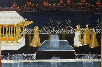 Antique Indian Miniature painting Women in courtyard