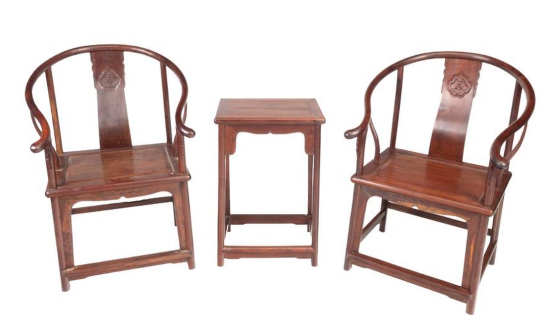 Chinese Huanghuali/Mix Wood Armchairs with Tea Table: Set of Chinese Huanghuali and Mix Wood Horseshoe Armchairs with a Tea Table. {(Chairs) approximately h 38 1/2 x w 26 1/2 x d 25 inches; (table) h 28 3/4 x w 18 3/4 x d 14 inches}.Attention: In House s