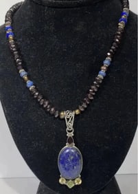 Beautiful Necklace with Lapis, Pearl, Amethyst, Garnet, and Sterling Silver