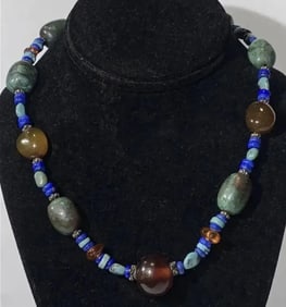 Necklace with Antique Tibetan Amber Prayer Bead Turquoise lapis